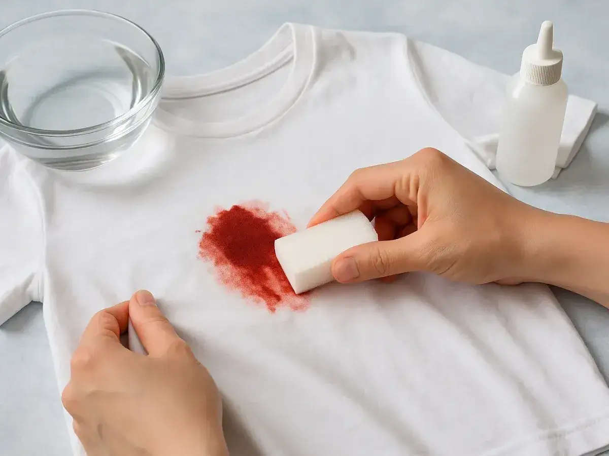 Jak zmyć krew z ubrania? Biała koszulka z plamą, ręka z gąbką i miska z wodą.