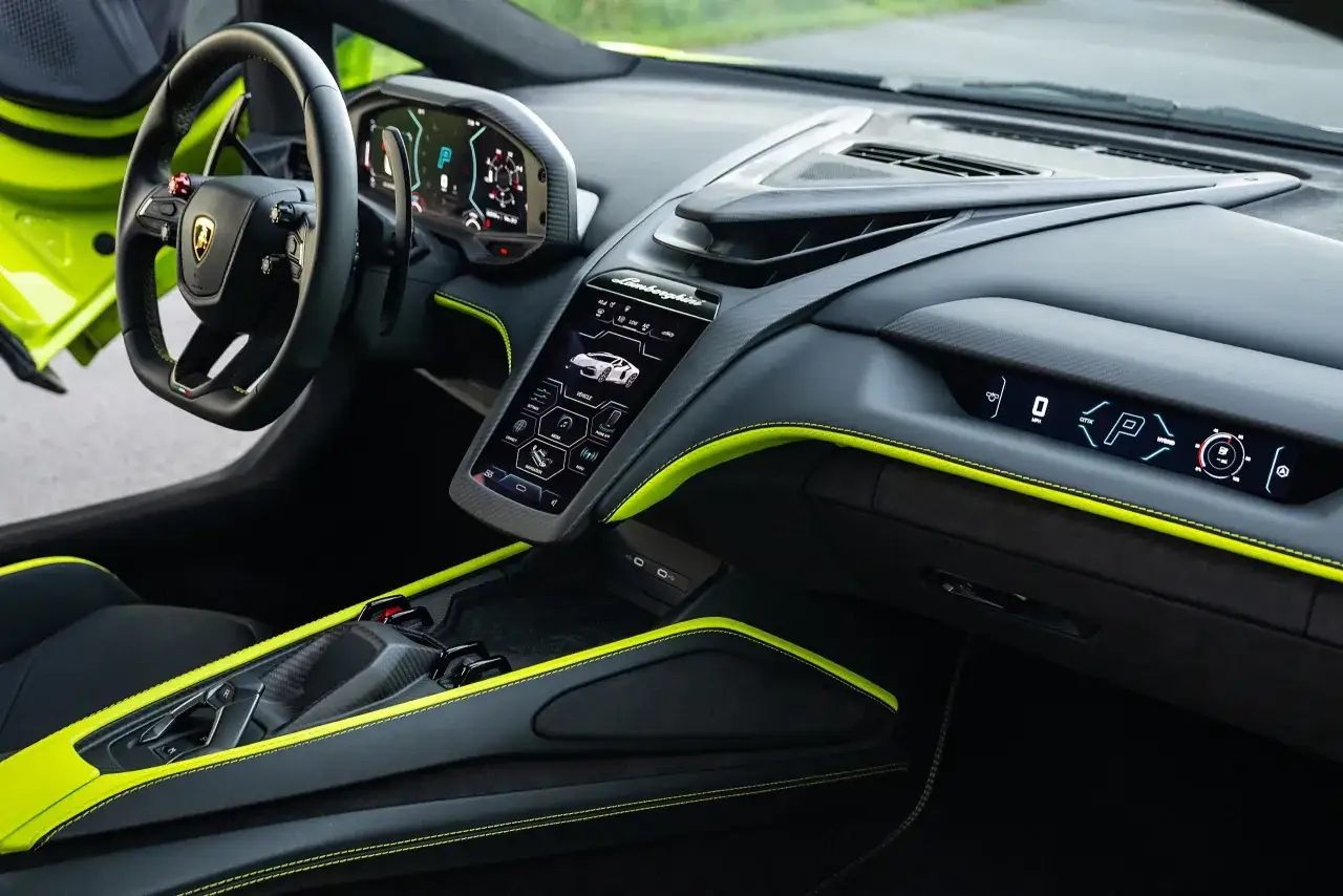 Lamborghini interior cockpit, red ignition button, carbon fiber