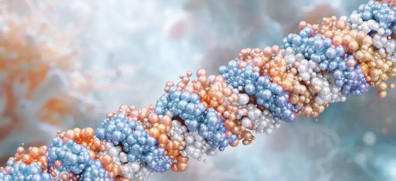 Kolorowa, spiralna struktura zbudowana z kuleczek, przypominająca DNA. To wizualizacja tego, czym są peptydy &ndash; budulcem białek.