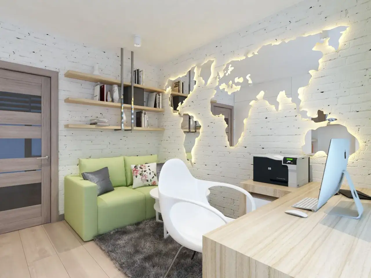 Modne ściany w pokoju młodzieżowym z mapą świata jako lustrem. Jasna cegła i zielona kanapa tworzą przytulną przestrzeń do nauki i relaksu.