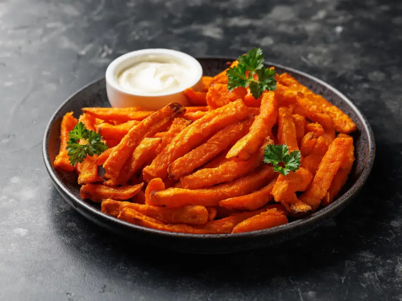 talerz chrupiących frytek z batatów