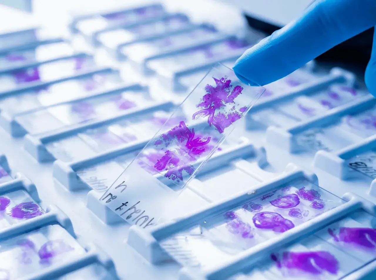 Rękawiczka laboratoryjna trzyma szkiełko z barwionym preparatem tkankowym. Czy badanie histopatologiczne jest wiarygodne?
