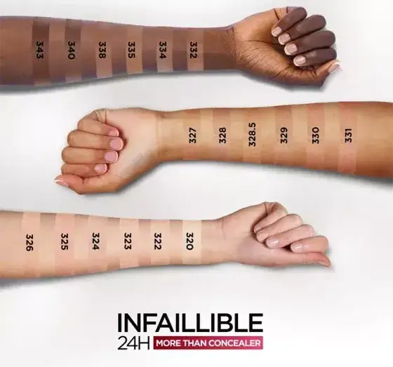 Loreal Infallible More Than Concealer swatches na skórze porównanie