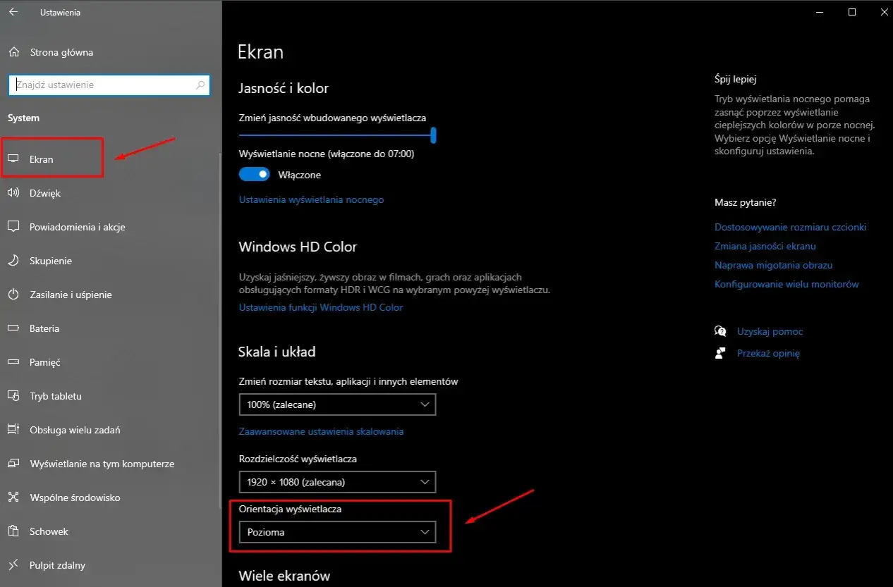 Ustawienia ekranu w Windows. Widoczna opcja 