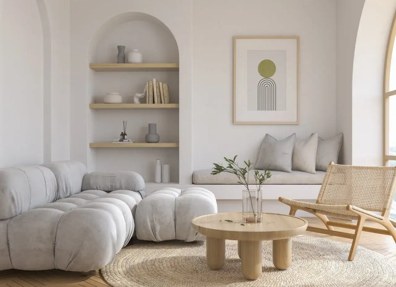 Jasny salon w stylu feng shui dom. Miękka sofa, okrągły stolik, wiklinowe krzesło i p&oacute;łki z dekoracjami tworzą harmonię.