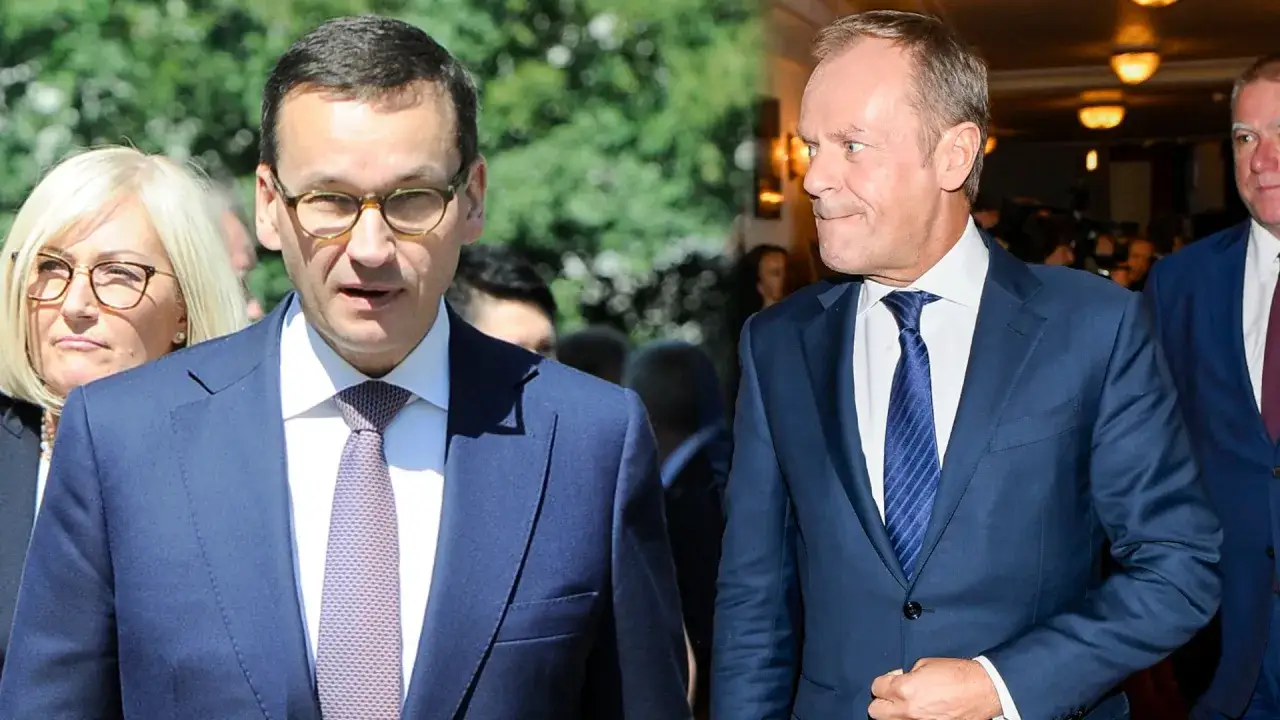 Dwóch polityków w garniturach. Jeden z nich, Donald Tusk, wygląda na wysokiego.