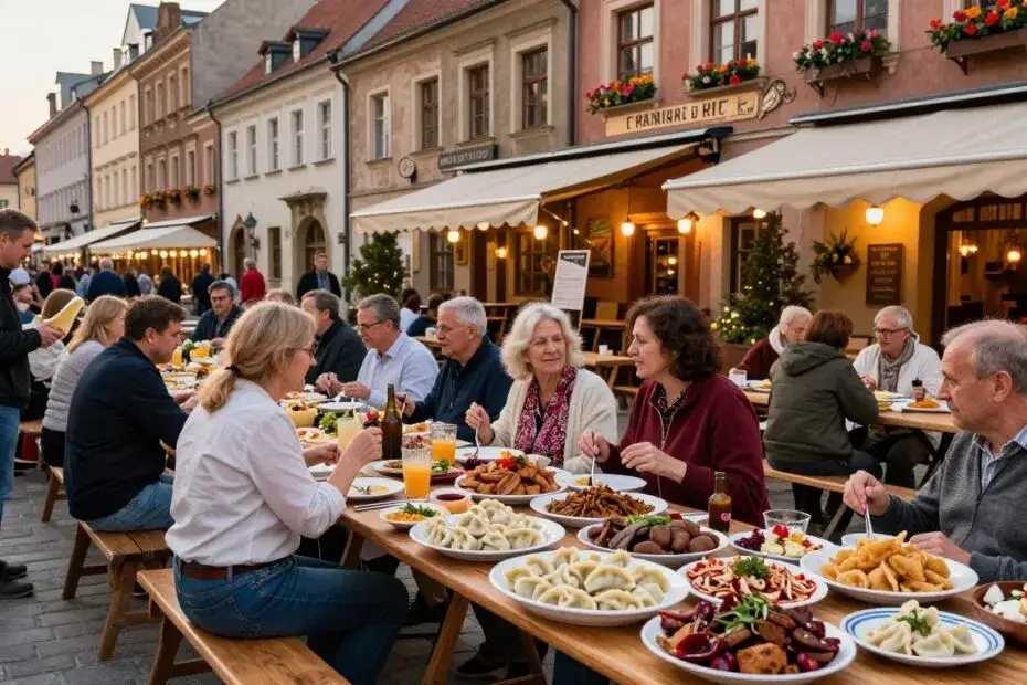 aktywni turyści zwiedzający miasto lub jedzący lokalne jedzenie