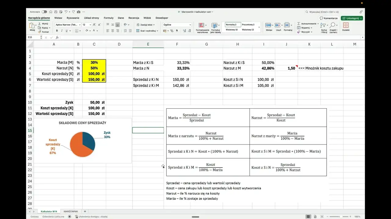 Arkusz kalkulacyjny z danymi o sprzedaży, kosztach i marży. Wykres kołowy pokazuje podział kosztów sprzedaży i zysku. Obliczenia wyjaśniają, co to jest narzut.