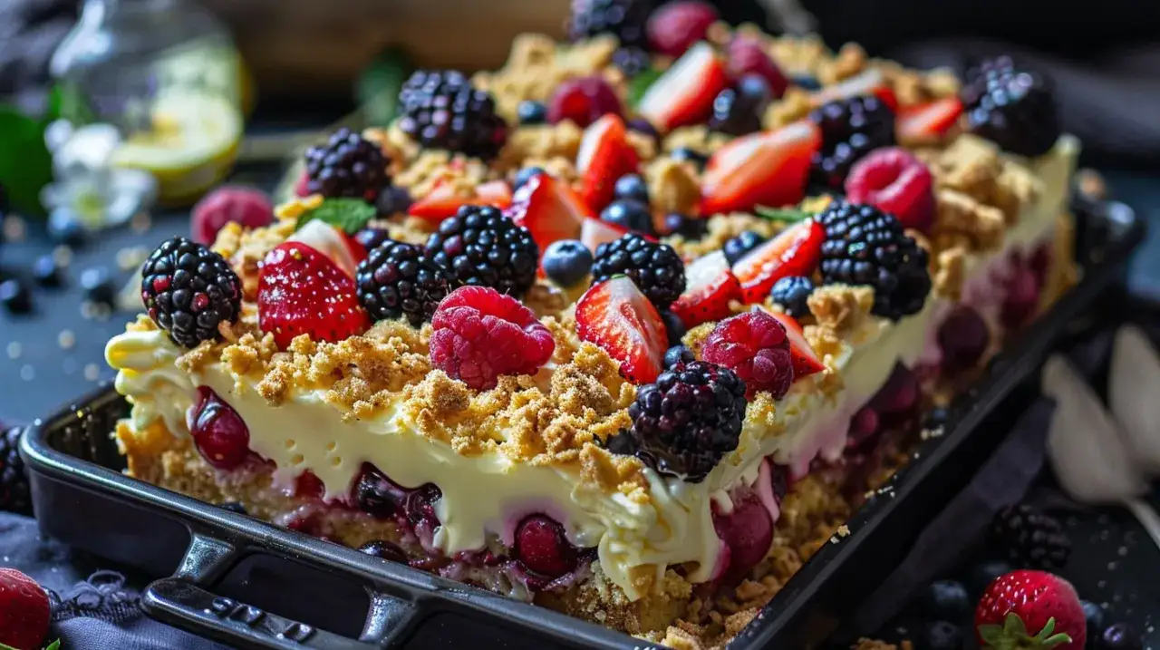 Zdjęcie Ciasto na dużą blachę z owocami, kruszonką i budyniowym kremem