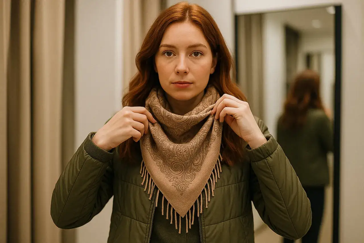 Ruda kobieta poprawia beżową chustę na szyję z ozdobnym wzorem i frędzlami.