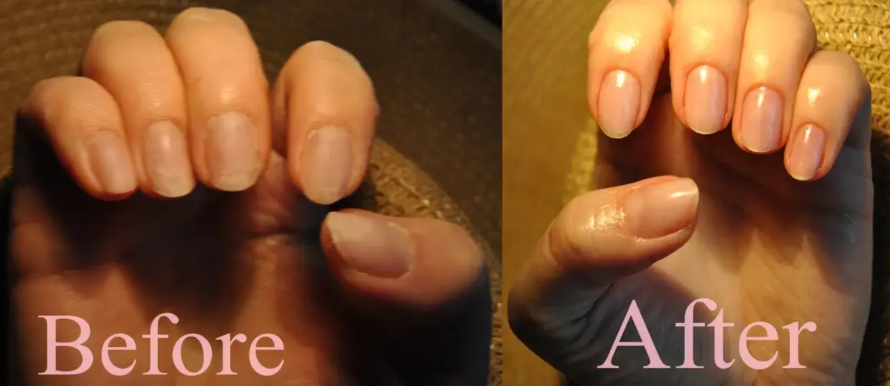 Przed i po zabiegu. Dłonie po manicure japońskim wyglądają zdrowo i lśniąco. Jak często można robić manicure japoński? Nawet co 2-3 tygodnie dla najlepszych efektów.