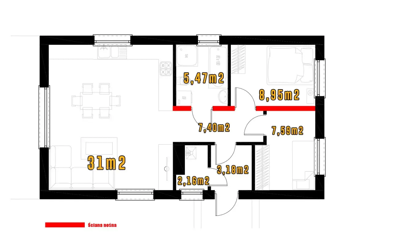 Projekt domu szkieletowego 70m2: salon 31m2, kuchnia, łazienka 5,47m2, sypialnia 8,95m2, pok&oacute;j 7,59m2, przedpok&oacute;j 3,18m2, WC 2,16m2.
