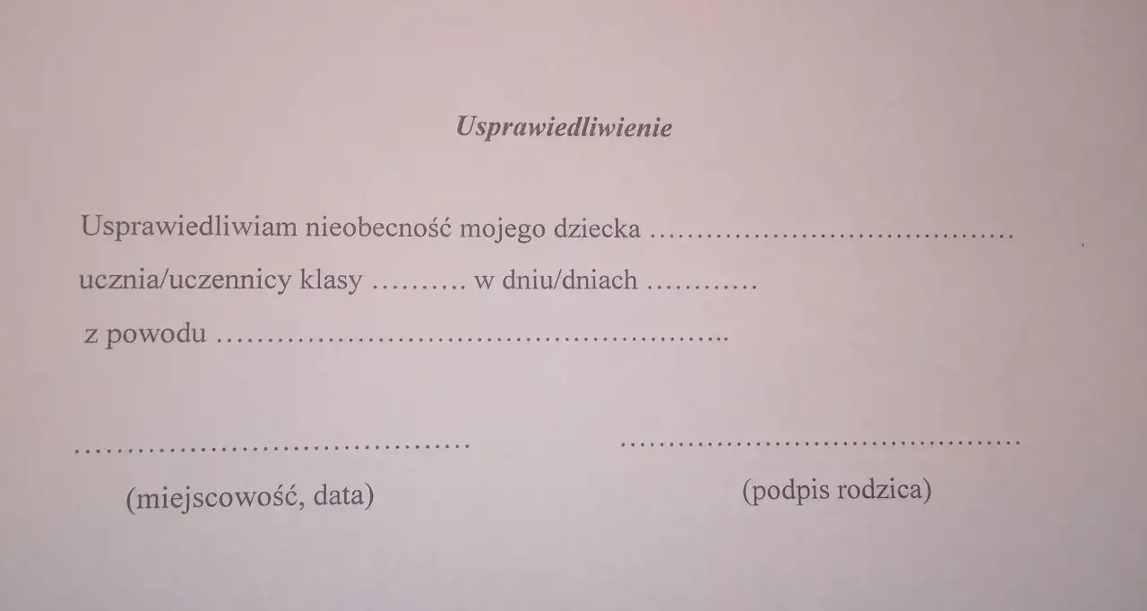 Wz&oacute;r usprawiedliwienia do szkoły