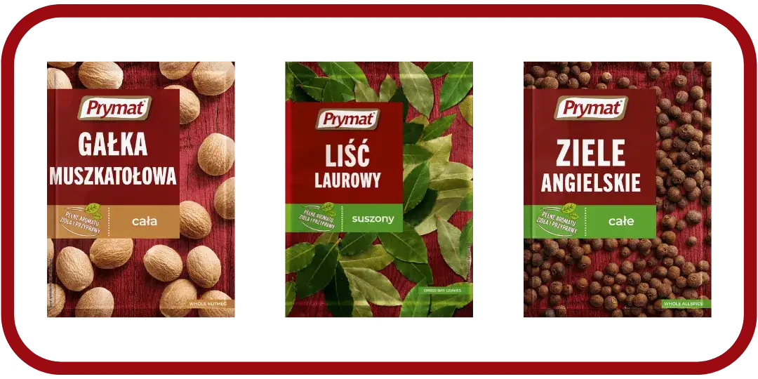 Zestaw przypraw do pasztetu: gałka muszkatołowa, ziele angielskie, liść laurowy, pieprz, s&oacute;l