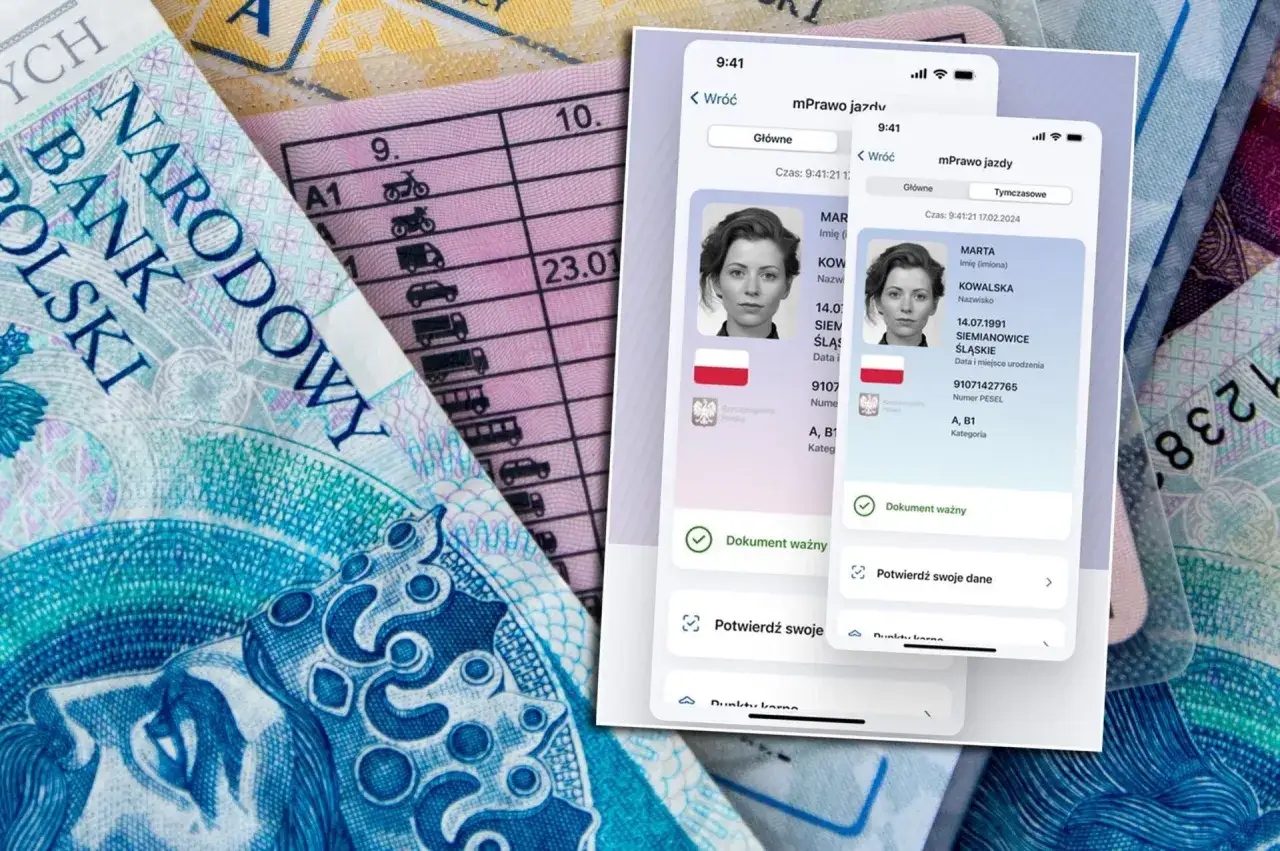 Sprawdź ważność prawa jazdy w aplikacji mPrawo Jazdy. Widok dokumentu i polskie banknoty.