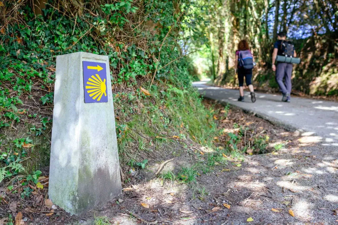 Droga do Santiago de Compostela, szlak z Polski. Kamień z muszlą i strzałką wskazuje kierunek pielgrzymom.