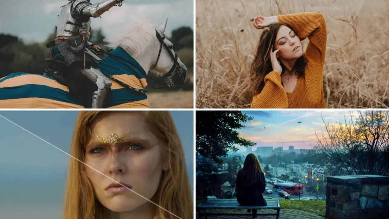 Rycerz na koniu, kobieta w trawie, dziewczyna z ozdobą na czole i widok na miasto o zachodzie słońca. Wszystko jak z **ziarna filmowego**.
