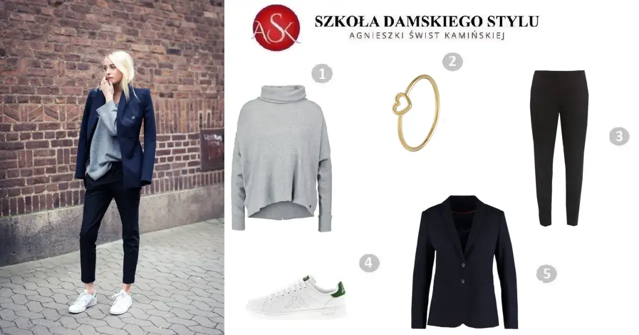Luźny elegancki styl damski: granatowa marynarka, szary golf, czarne spodnie, białe sneakersy i złoty pierścionek.