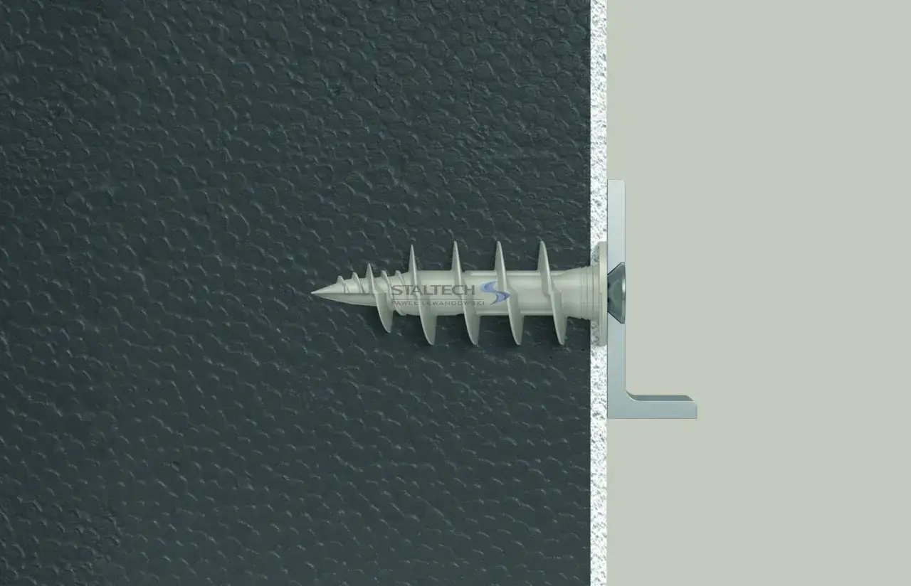 Solidne mocowanie styropianu do desek za pomocą kołka rozporowego. Detal techniczny.