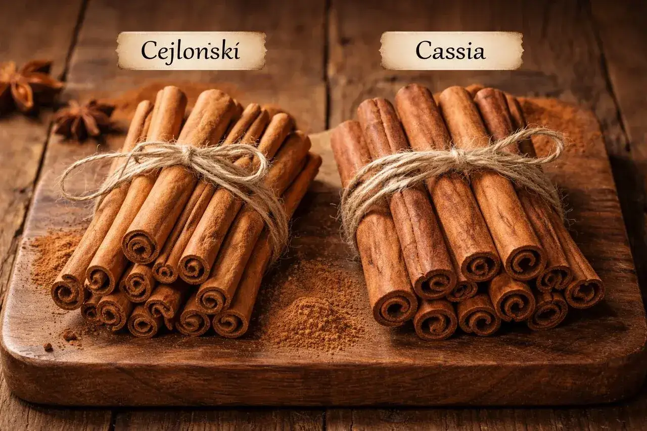 Cynamon cejloński i cassia na drewnianej desce. Cynamon na co pomaga? Wzmocnienie odporności, poprawa trawienia, a nawet wsparcie w walce z cukrzycą.