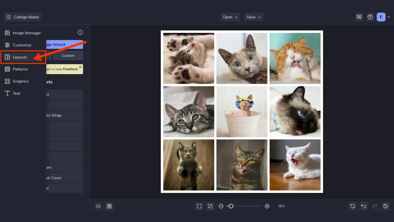 Wybieranie układu dla kolażu ze zdjęciami kot&oacute;w. Widok edytora z menu po lewej stronie i siatką zdjęć kot&oacute;w.
