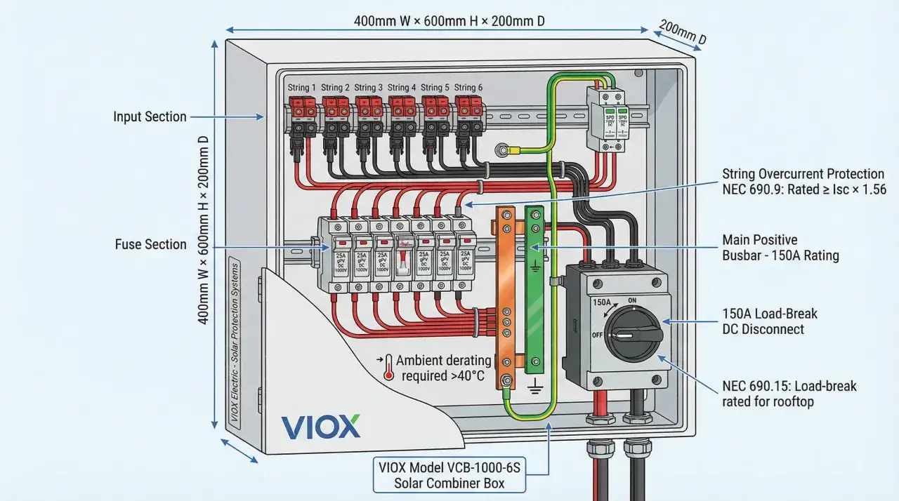 Schemat skrzynki solarnej VIOX. Bezpieczniki 2.5A chronią poszczególne stringi. Do instalacji 5kW, dobór bezpiecznika zależy od prądu stringu i norm.