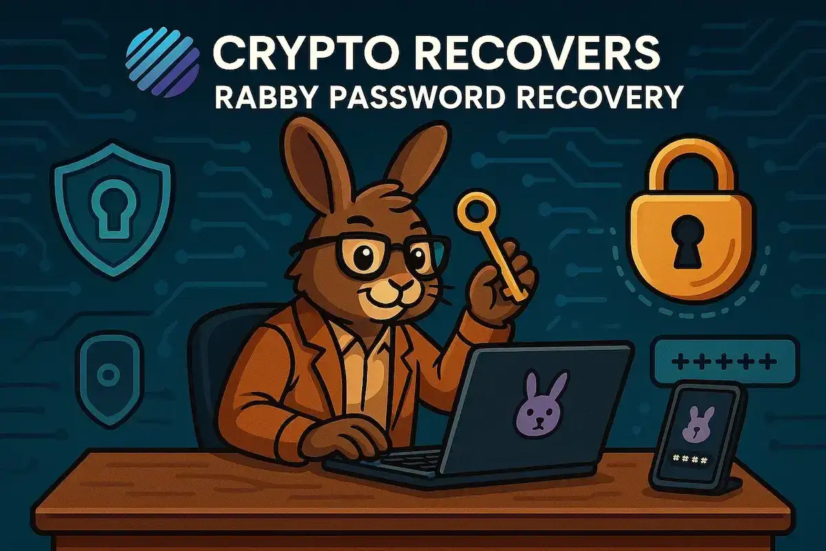 Kr&oacute;lik w okularach trzyma klucz, siedząc przy laptopie z logo 