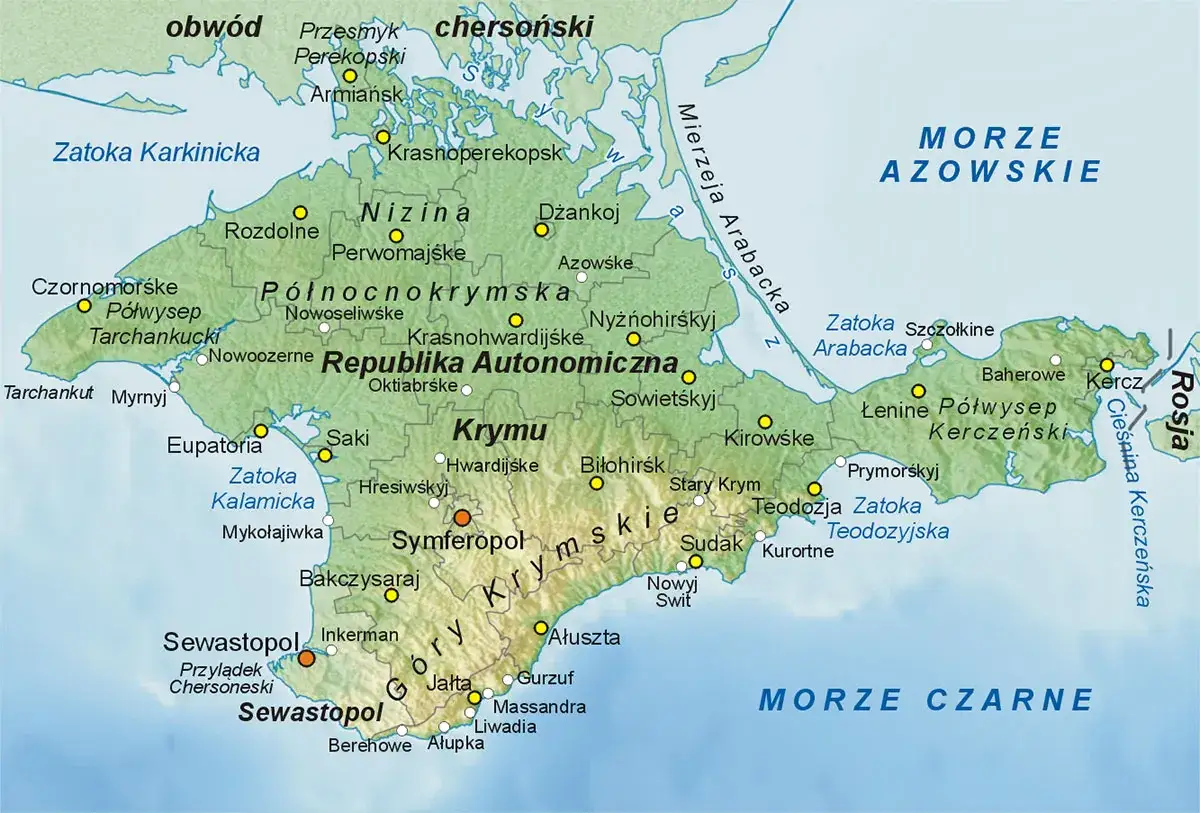 Mapa Krymu z zaznaczonymi miastami i regionami. Widoczny port w Sewastopolu, Morze Czarne i Azowskie.