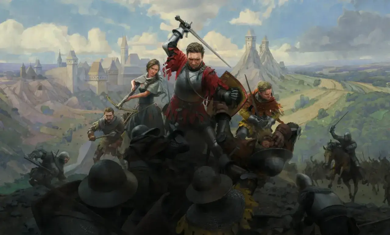 Zacięta bitwa w Kingdom Come: Deliverance 2. Rycerze walczą mieczami i łukami, a w tle widać zamek.