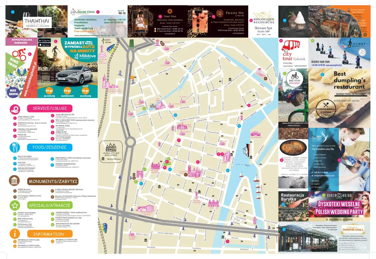 Mapa turystyczna Trójmiasta z zaznaczonymi atrakcjami