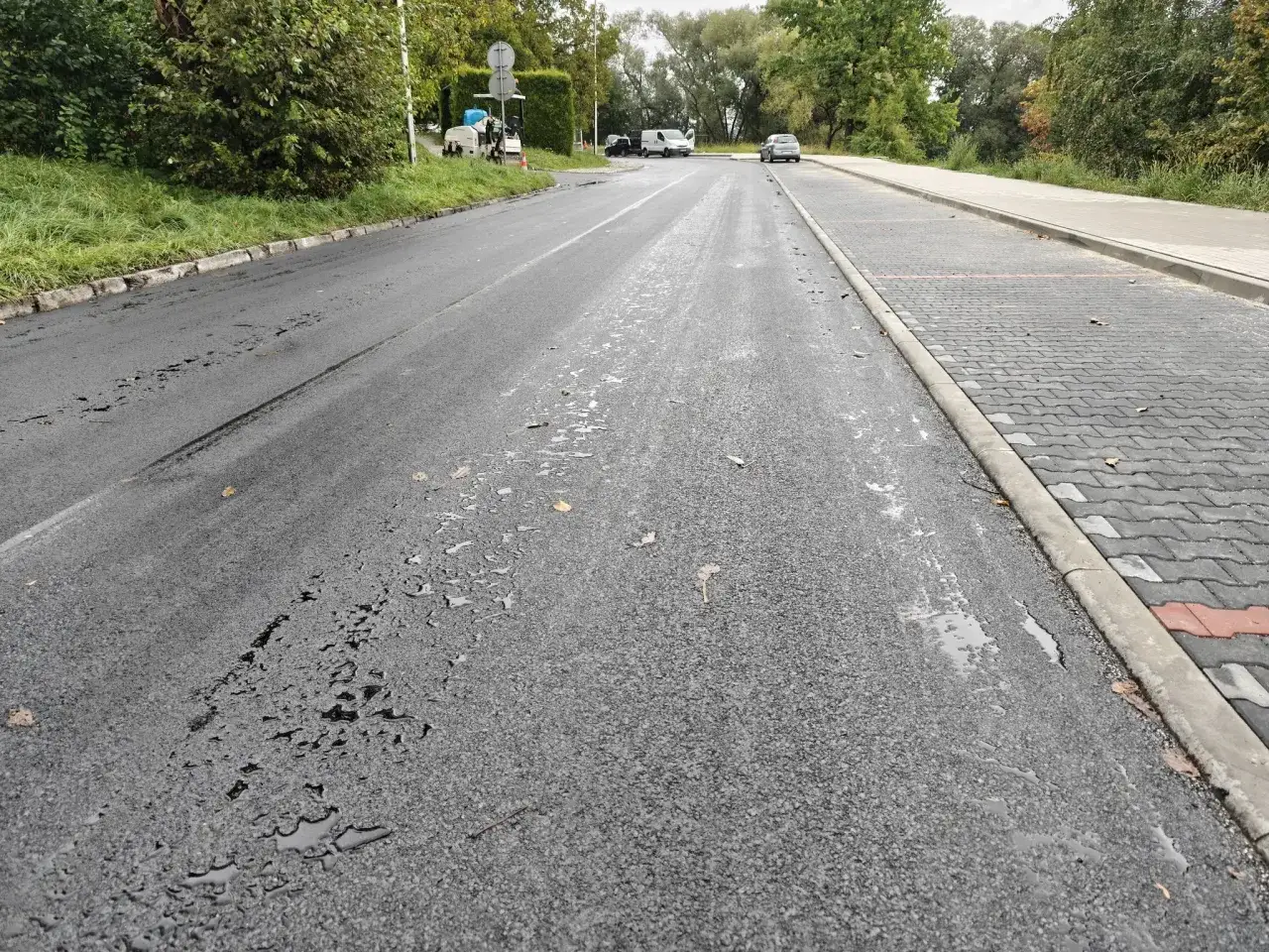Droga w Cieszynie po deszczu, z kałużami i uszkodzoną nawierzchnią. Obok chodnik z kostki.