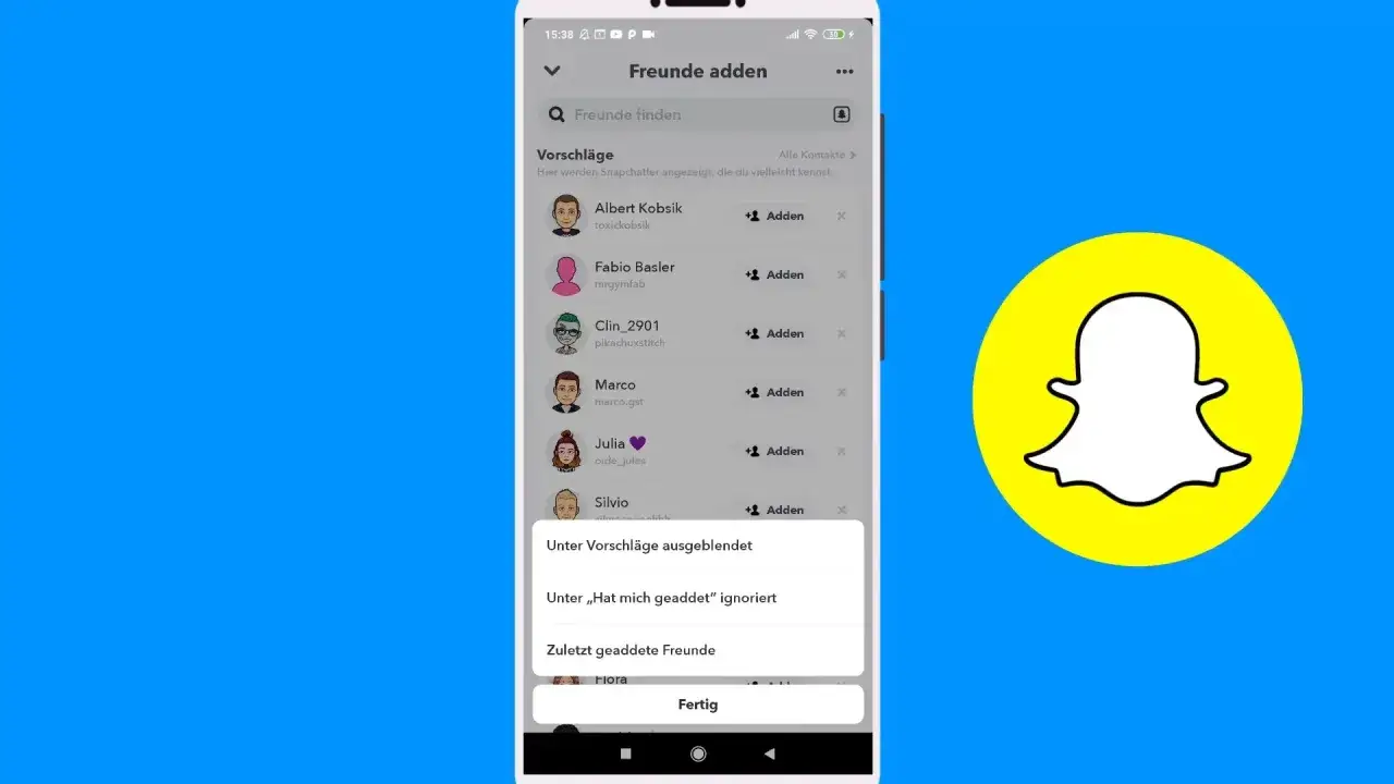 Ekran telefonu z listą znajomych na Snapchacie. Widzimy opcje dodawania znajomych, co jest pierwszym krokiem, jak utworzyć grupę na Snapie.