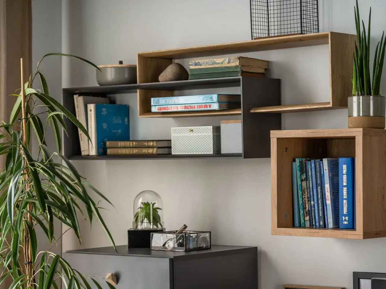 Nowoczesne dekoracje na półki: książki, rośliny i ozdobne pudełka tworzą przytulną aranżację.