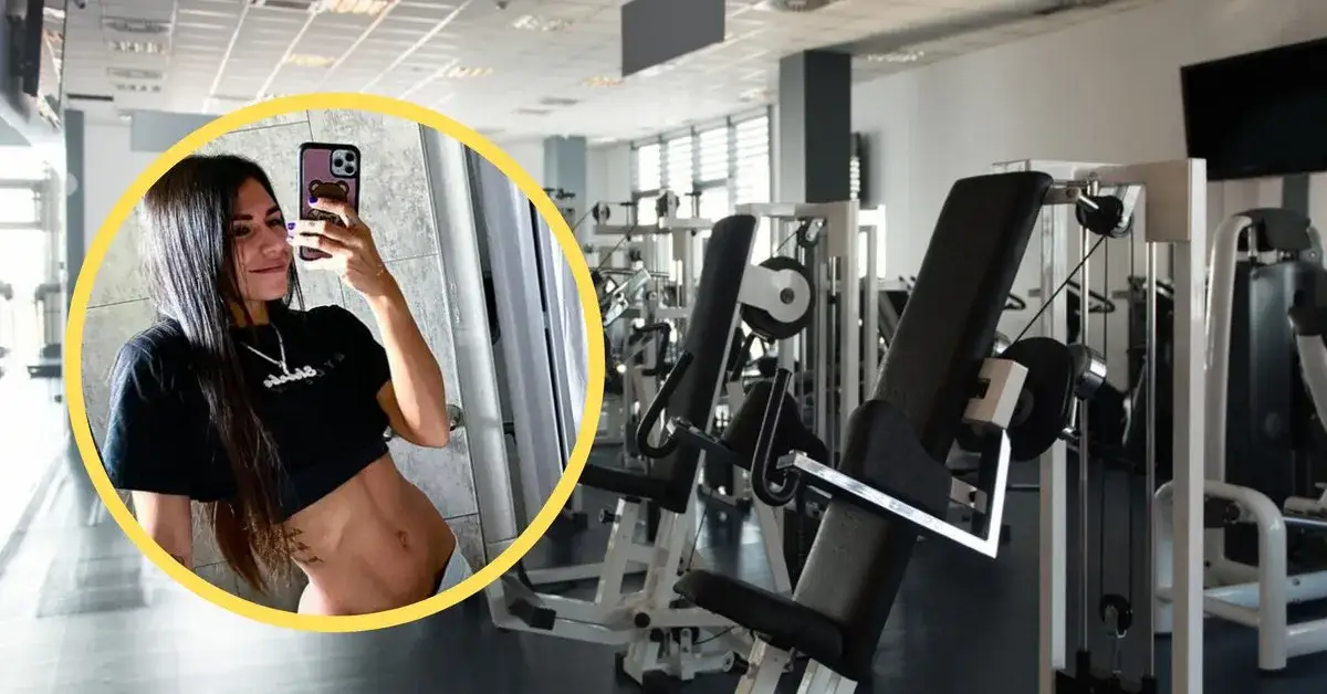 osoba zrezygnowana na siłowni lub przy lod&oacute;wce z fast foodem