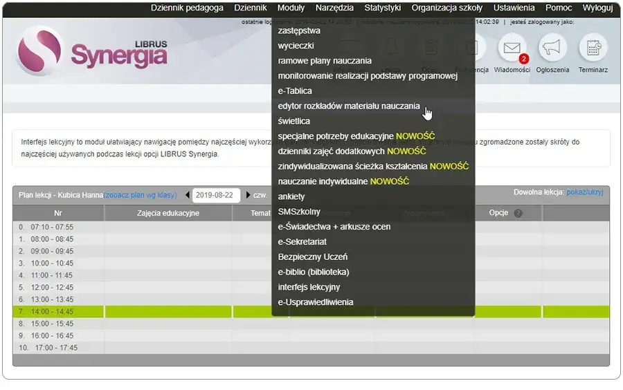 Librus Synergia widok modułu Programy nauczania