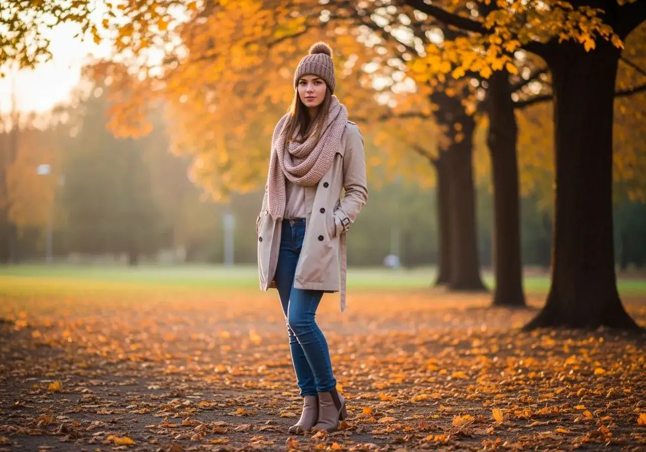 Jesienna dziewczyna w beżowym płaszczu i szaliku, idealna na 10 stopni.