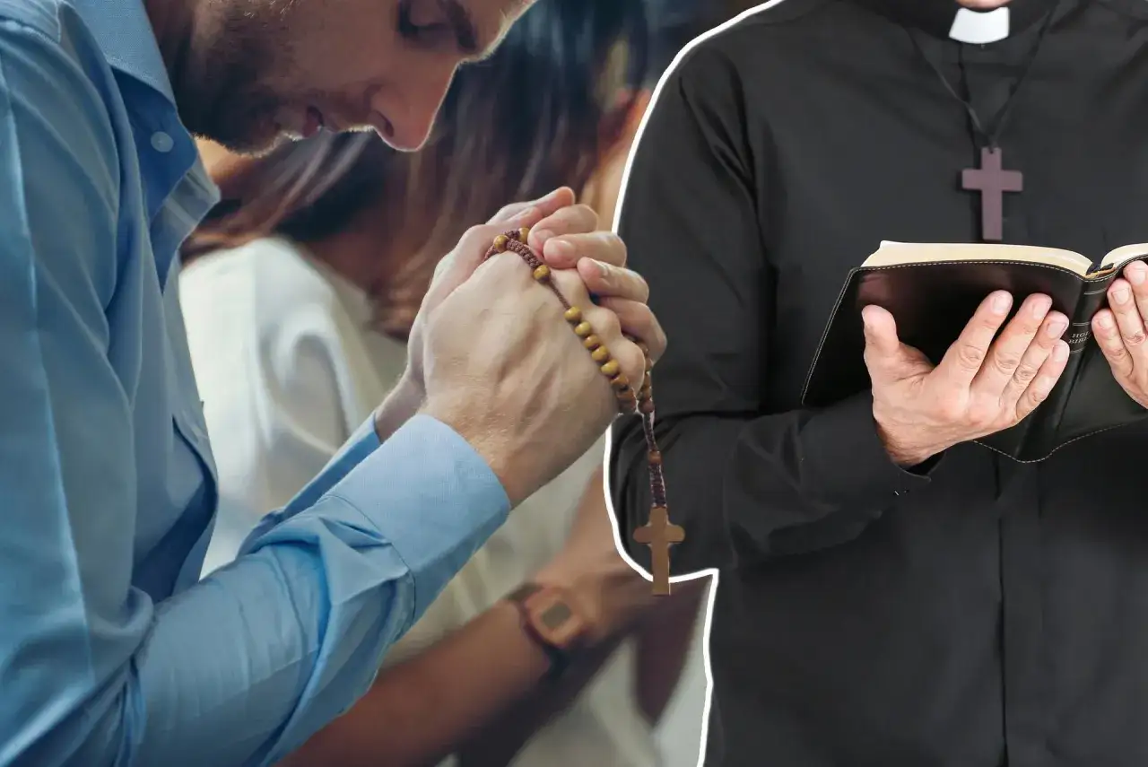 Modlący się mężczyzna z różańcem i ksiądz z Biblią. Czy opuszczenie mszy świętej w niedzielę jest grzechem ciężkim?