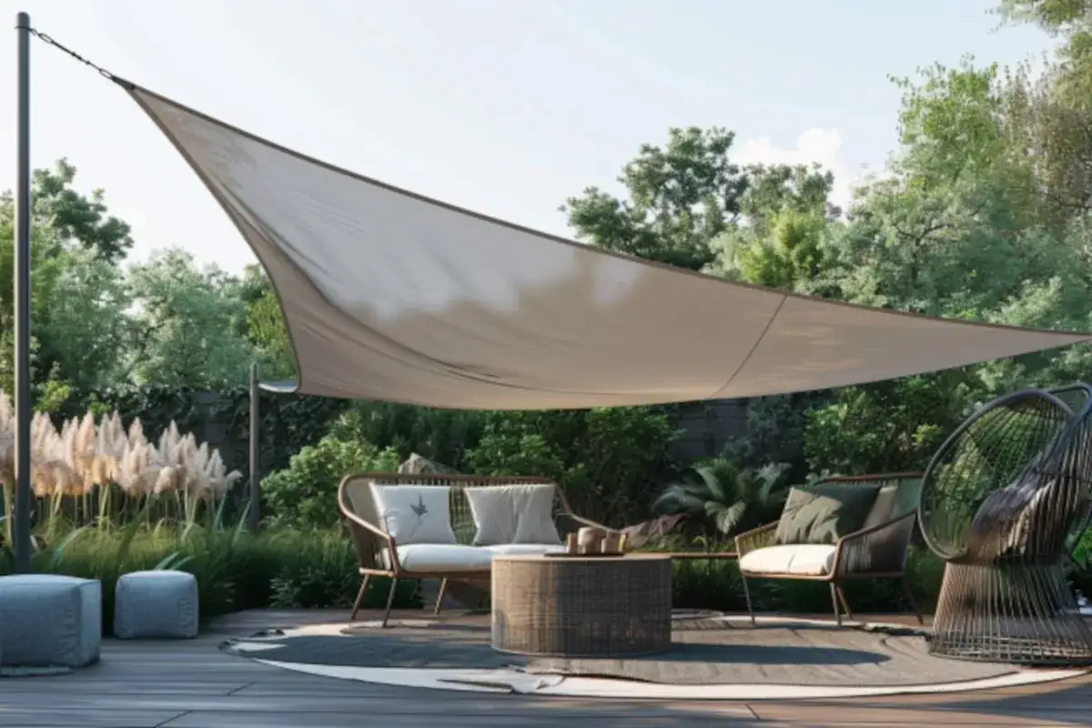 Jak zamontować żagiel na tarasie? Stylowy zestaw wypoczynkowy pod zacienieniem z żagla.