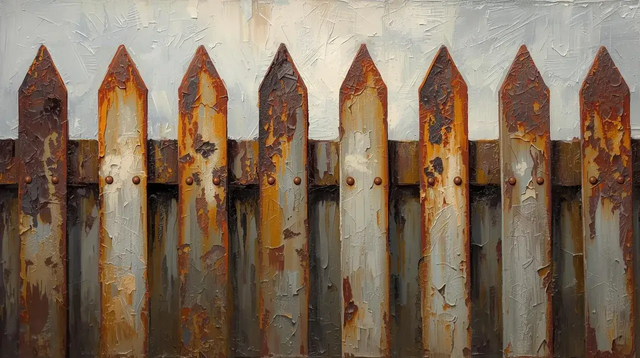 Postarzane, zardzewiałe deski płotu, z widocznymi śladami rdzy. Jaka farba na rdzę ogrodzenie?