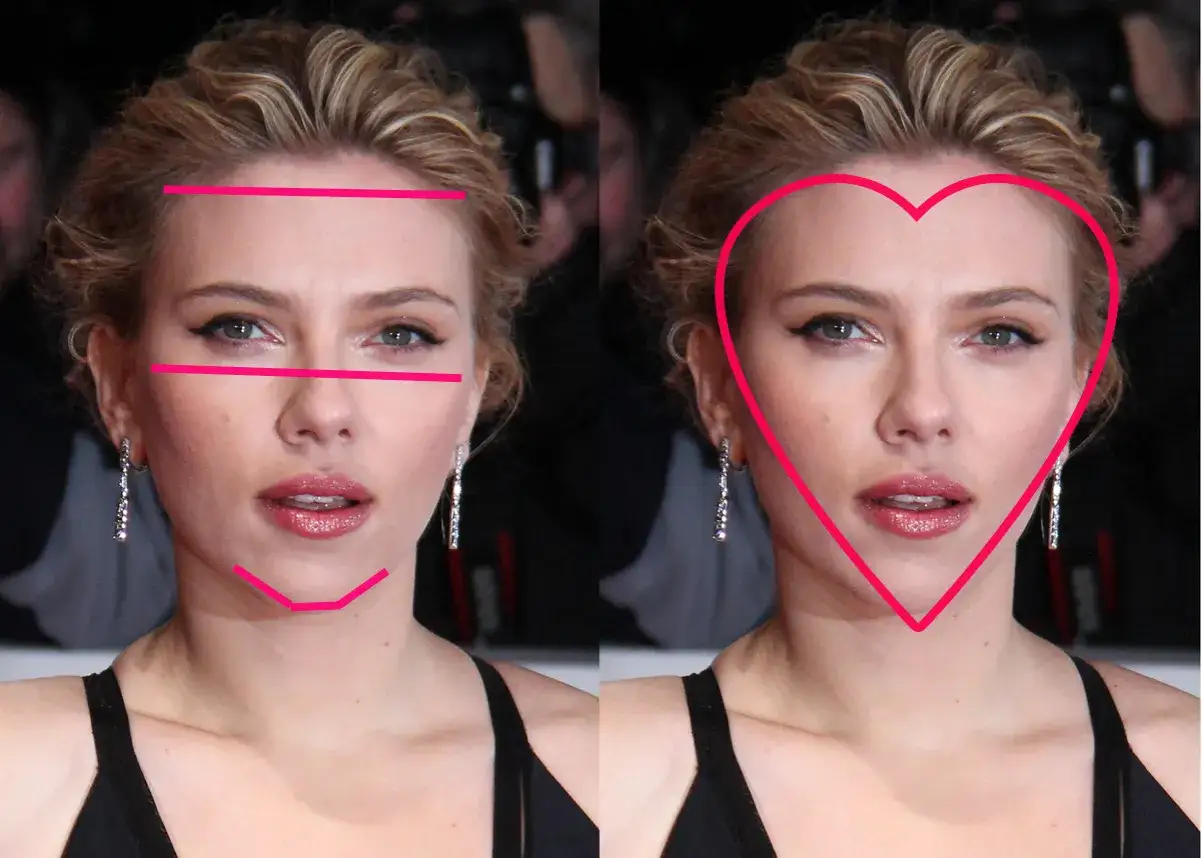 Jak dopasować fryzurę do kształtu twarzy? Na zdjęciu widać analizę twarzy Scarlett Johansson, która ma kształt serca.