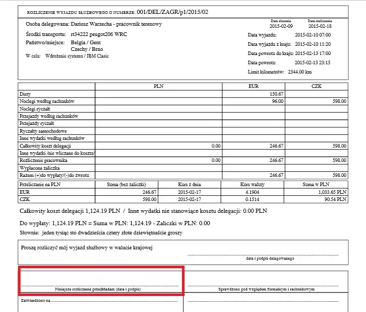 Wzór rozliczenia delegacji zagranicznej wypełniony