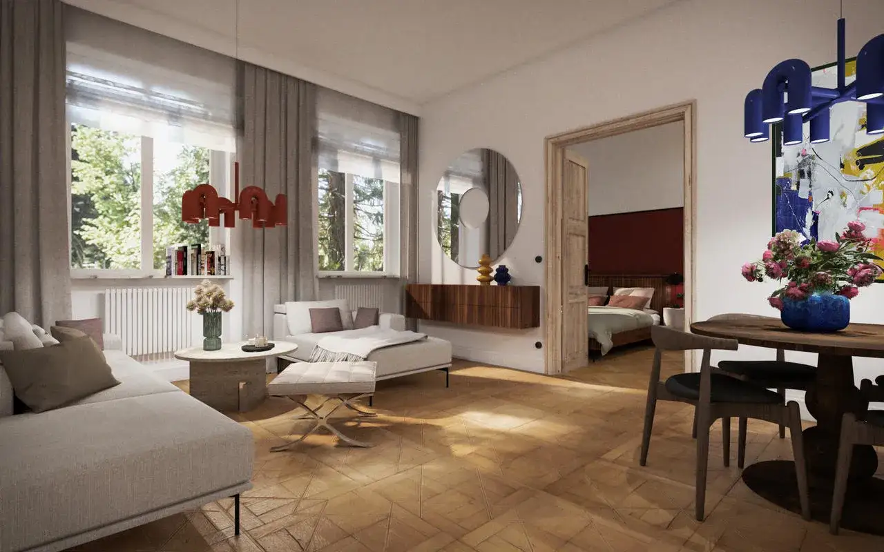 Nowoczesny salon z widokiem na zieleń, otwartą sypialnią i jadalnią. Zastanawiasz się, ile jest warte mieszkanie w bloku?