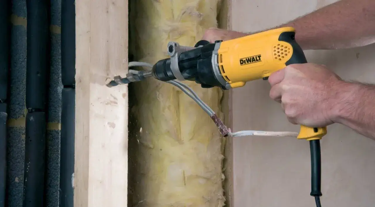 Ręce trzymają ż&oacute;łtą wiertarkę dwubiegową bez udaru, wiercąc w drewnianej belce obok izolacji i rur.