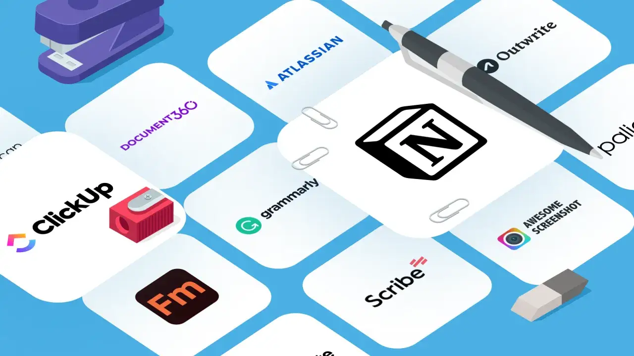 Narzędzia do pisania i tworzenia treści: ClickUp, Notion, Grammarly, Scribe, Outwrite, Document360, Atlassian.