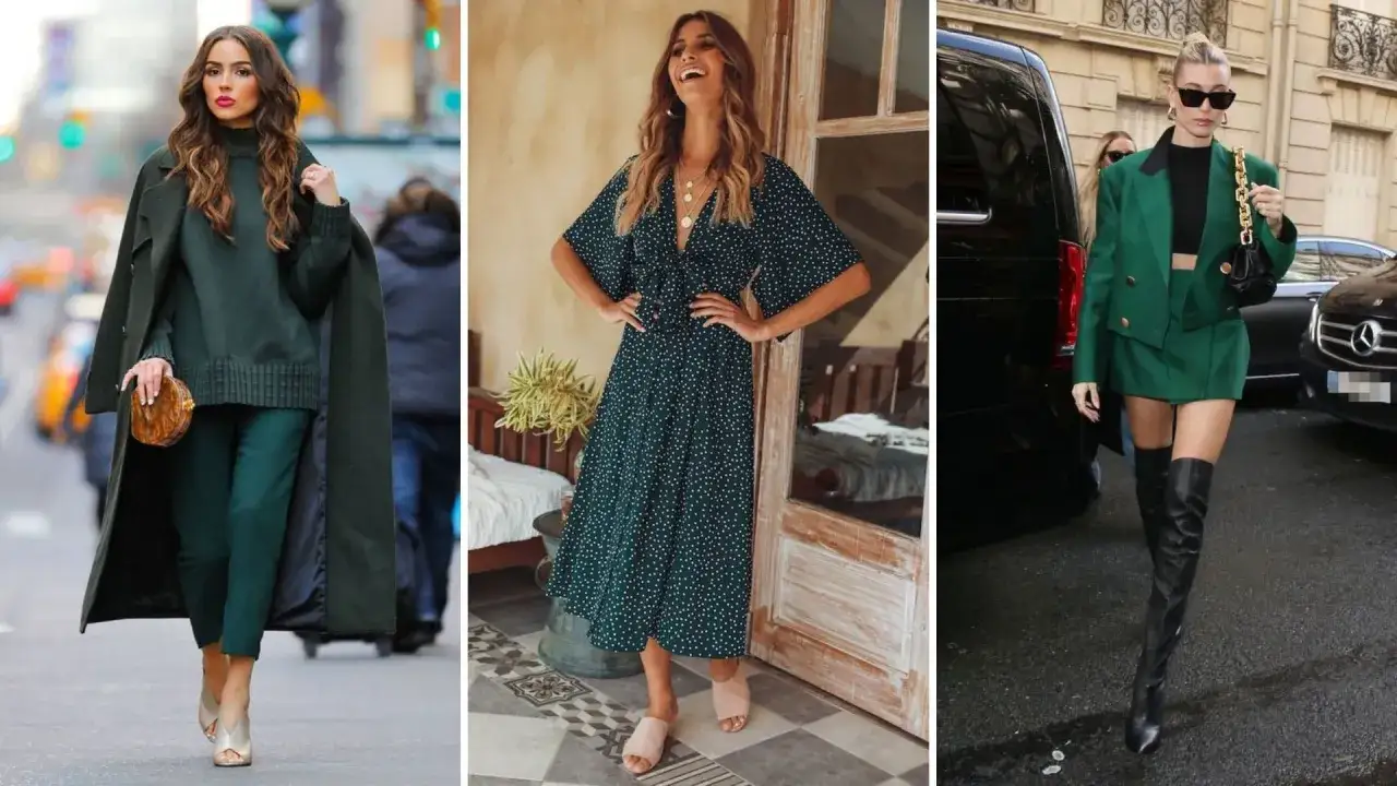 Trzy kobiety w stylizacjach w kolorze butelkowa zieleń: elegancki płaszcz i spodnie, sukienka w groszki, garnitur z mini spódniczką.