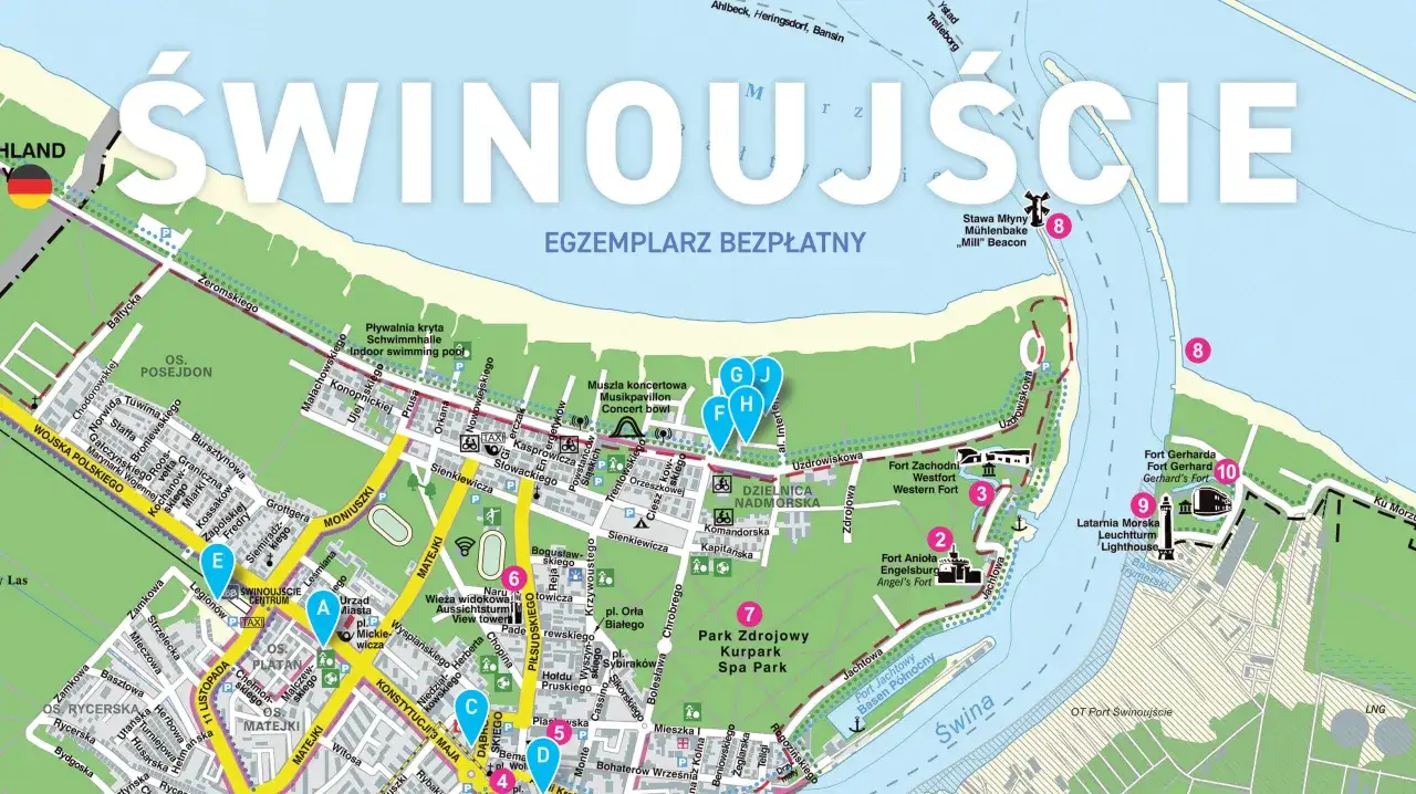Mapa Świnoujścia z zaznaczonymi atrakcjami: latarnia morska, forty, parki i centrum miasta. Idealna do planowania wycieczki.