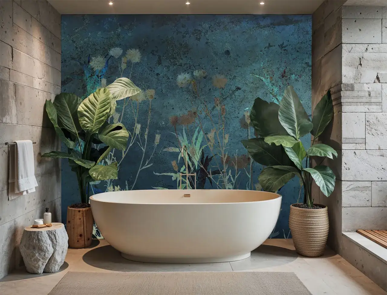 Łazienka z wanną wolnostojącą i tapetą z motywem zielonych kwiat&oacute;w na tle morskiej głębi.