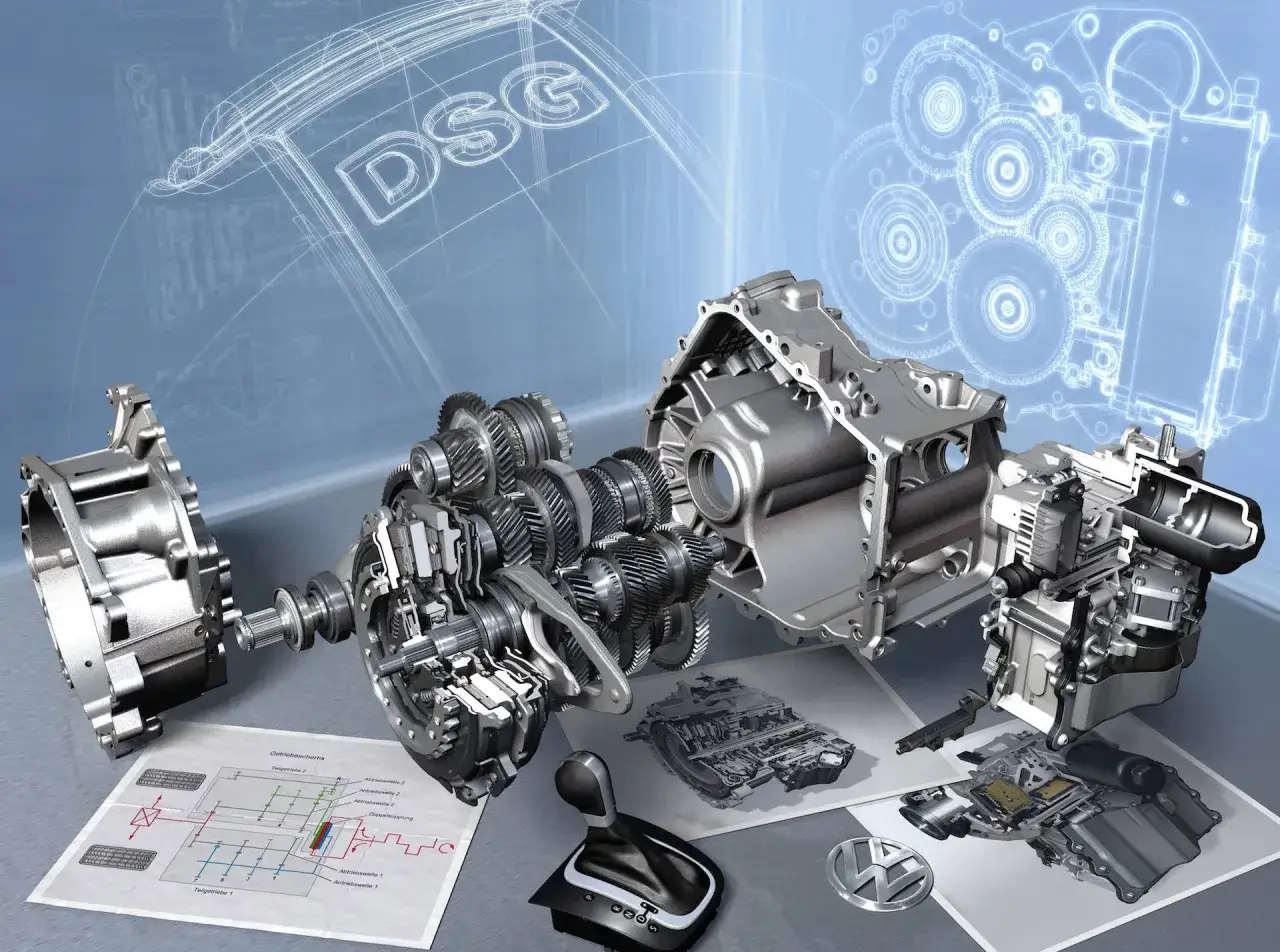 Rozłożona skrzynia bieg&oacute;w DSG z widocznymi trybami i schematami technicznymi.