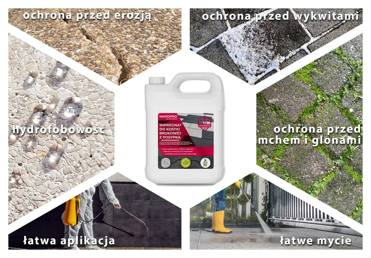 Impregnacja kostki brukowej chroni przed erozją, wykwitami, mchem i glonami. Łatwa aplikacja i mycie.