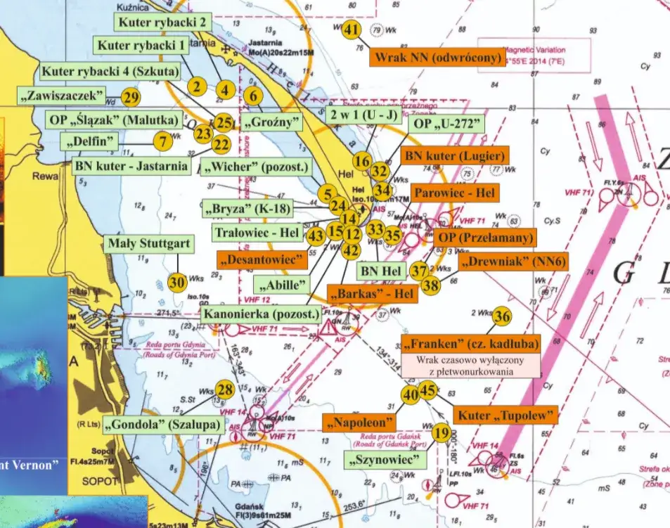 Mapa Bałtyku z zaznaczonymi wrakami